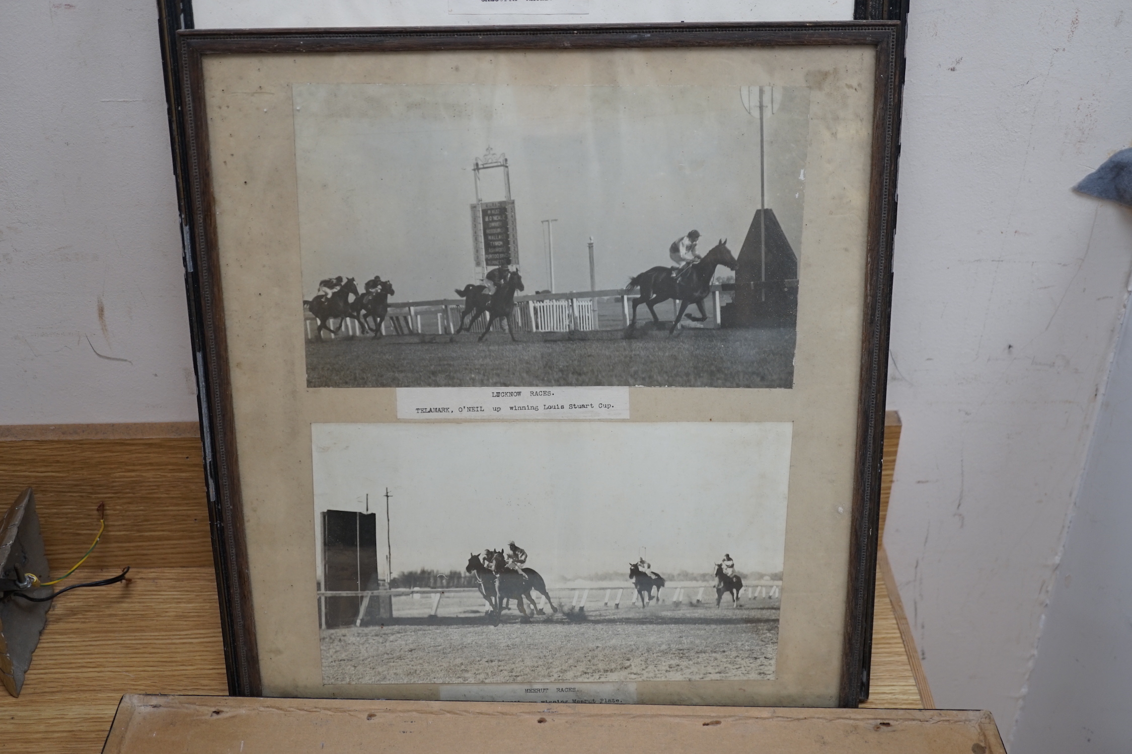 D M & E M Alderson, pair of watercolours, Portraits of racehorses c.1943/48 raced at Calcutta, together with a group of related photographs and ephemera, signed and dated, 38 x 52cm